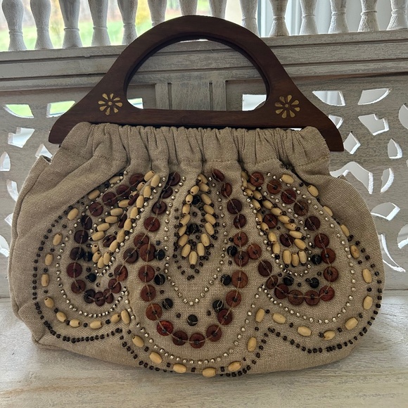 Bakers Handbags - NWT BAKERS Jayden Beaded Linen Handbag Purse Wood Handles Brown Tan Metallic New